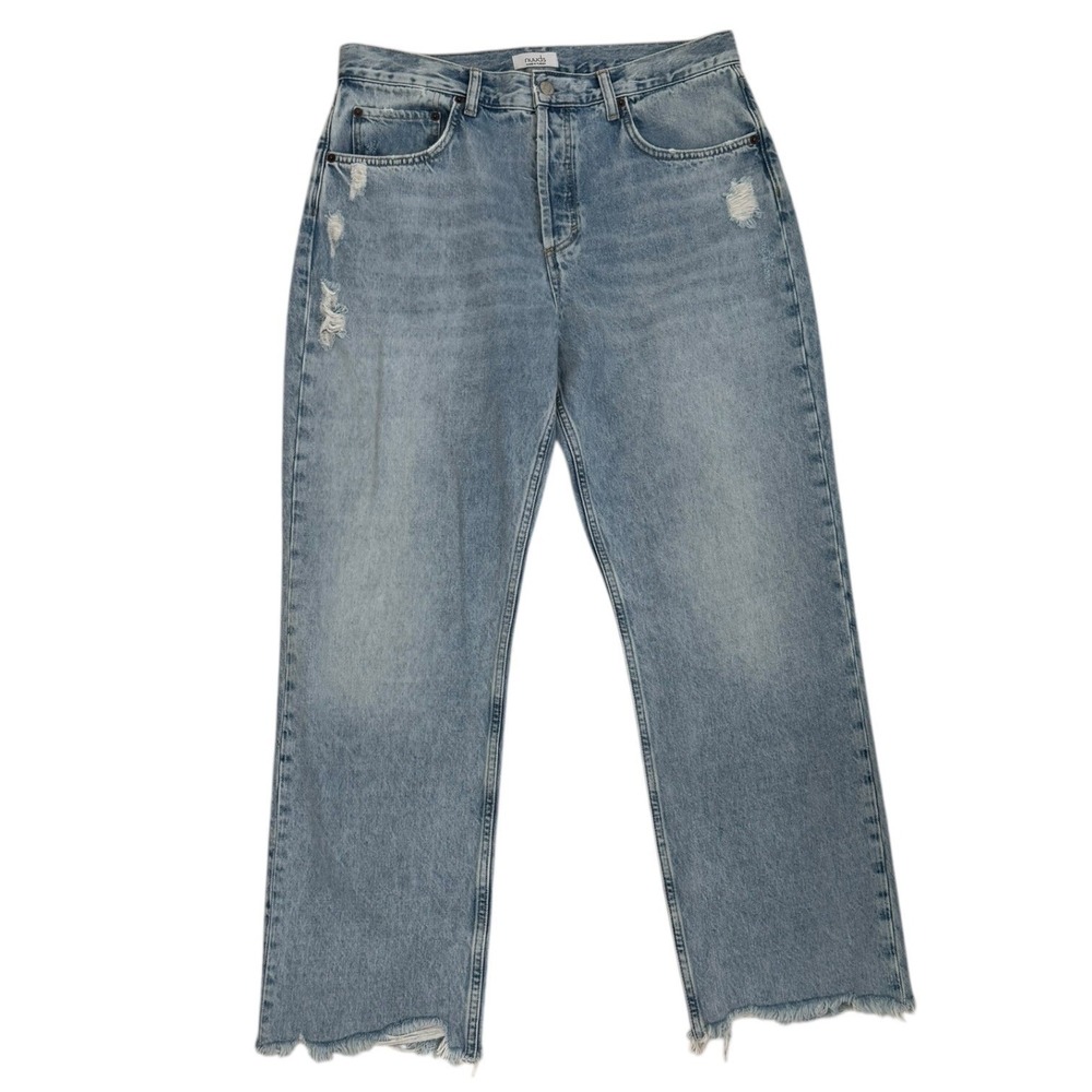 Nuuds Jeans Womens 31 Light Wash Distressed Denim Straight Leg Button Fly